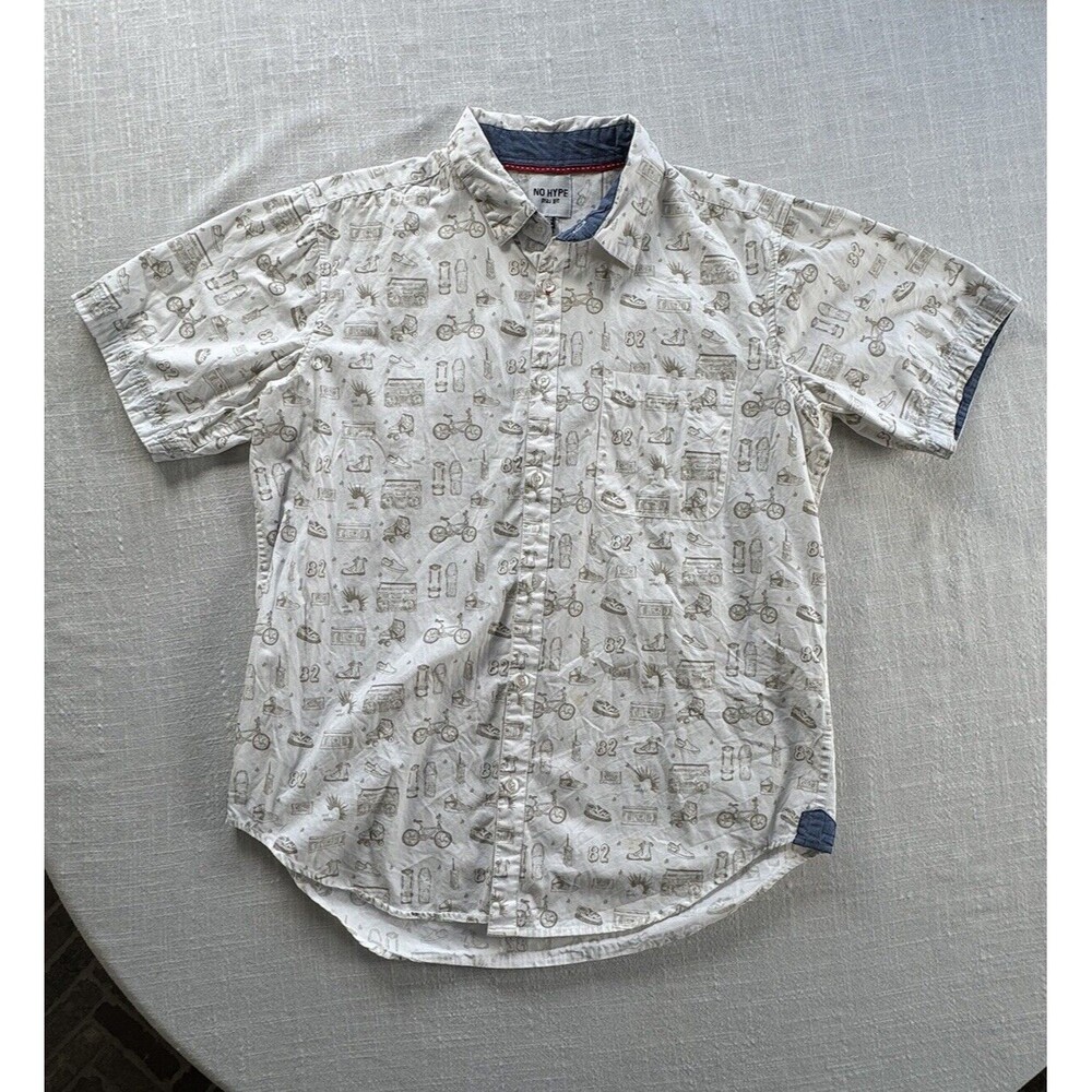 No Hype Button Up Short Sleeve 80s Theme Shirt‎ Men’s XL - FAINT STAINS